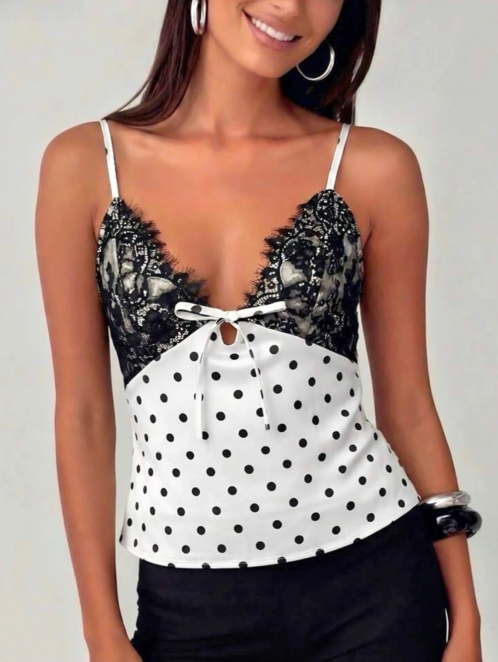 SHEIN SXY Lace Patchwork Polka Dot Bow Decor Camisole Top Cami